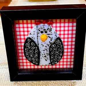 Framed Fused Glass Art Chicken in Black White and Red Ready to Hang 5x5”